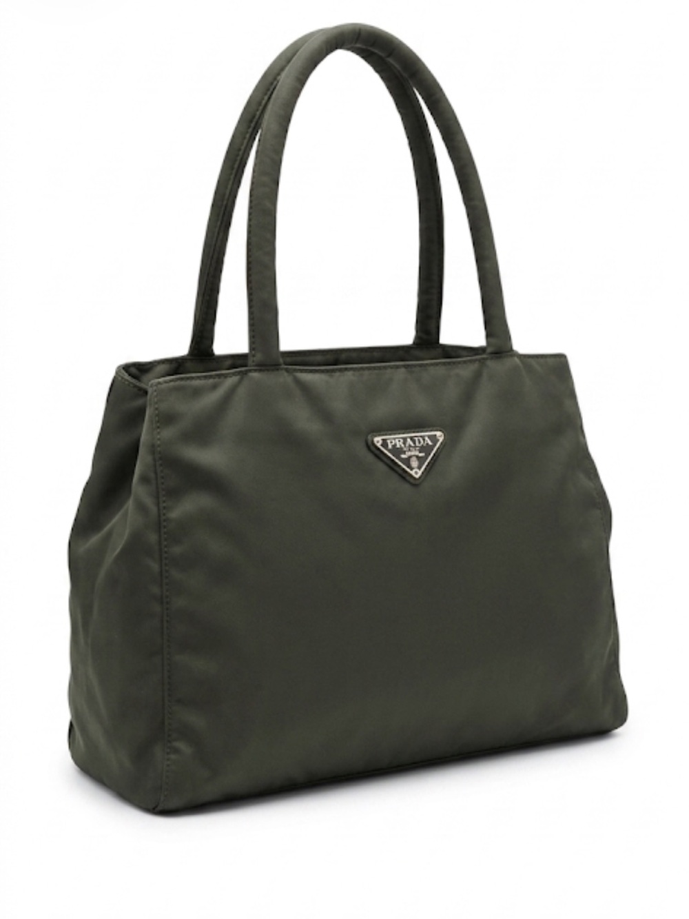 Vintage Prada Dark Green Nylon Tote Bag - Triangle Logo MINOR STAINS